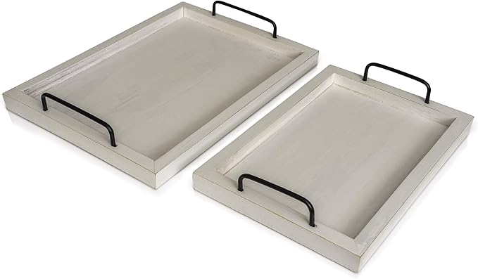 Besti Rustic Vintage Food Serving Trays (Set of 2) | Nesting Wooden Board with Handles | Stylish Farmhouse Decor Serving Platters | Large: 15 x2 x11” - Small: 13 x2 x9” inches (Rustic Off White)
