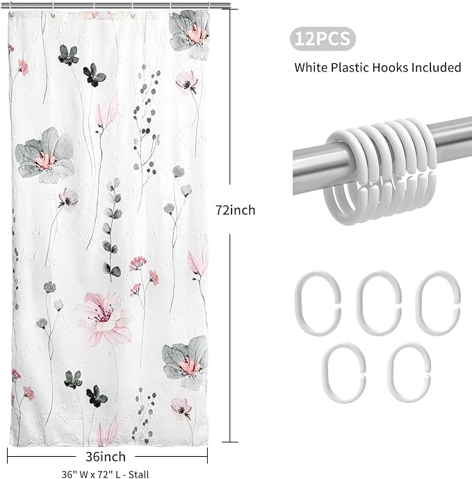 QiyI Small Stall Shower Curtain 36 x 72, Narrow Half Watercolor Floral Bath Curtain, 3D Embossed Grey Pink Flower Cloth Bathroom Curtain, Waterproof Fabric White Shower Curtain Set with Hooks