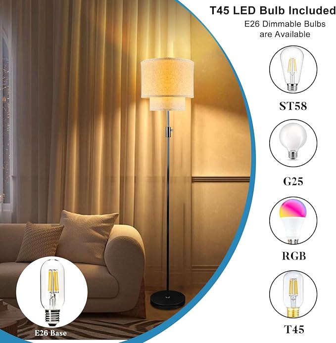 Lightdot 67IN LED Floor Lamp for Living Room, LED Standing Floor Lamps with Double Fabric Shade, E26 Bulb Included, Vintage Corner Lighting, Mid Century Floor Lamp for Bedroom Home Office-Gold