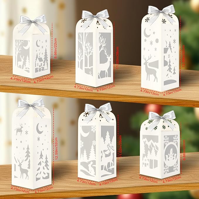OuMuaMua Winter Christmas Centerpiece Table Decorations, 6Pcs Light Up Snowman Deer Decorative Paper Lanterns Glitter Table Centerpiece Boxes for Winter Wonderland Christmas Holiday Party Home Decor