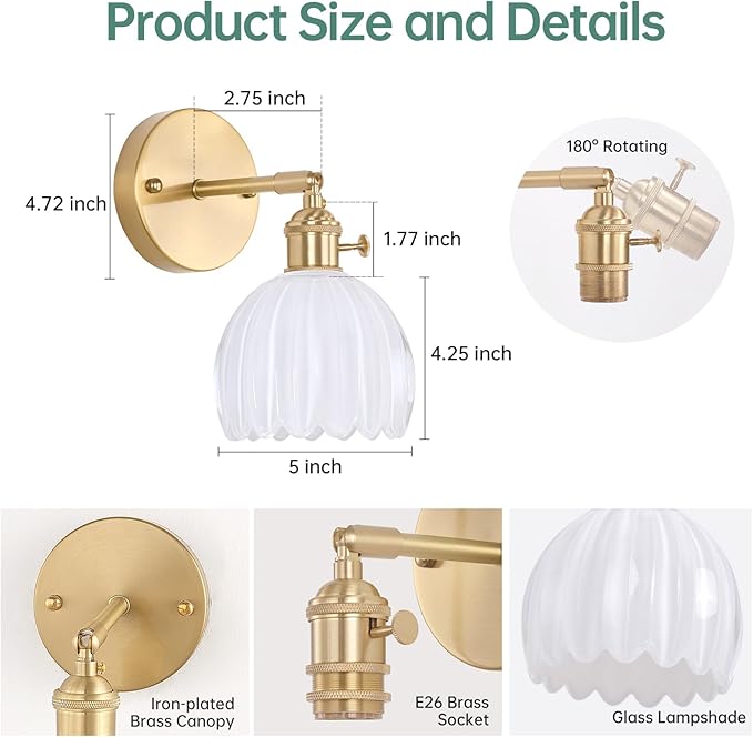 Vintage Battery Operated Wall Sconce with Cute White Tulip Glass Lampshade Wireless Rechargeable Battery Powered Wall Light with Remote Control for Bedside Bedroom Doorway