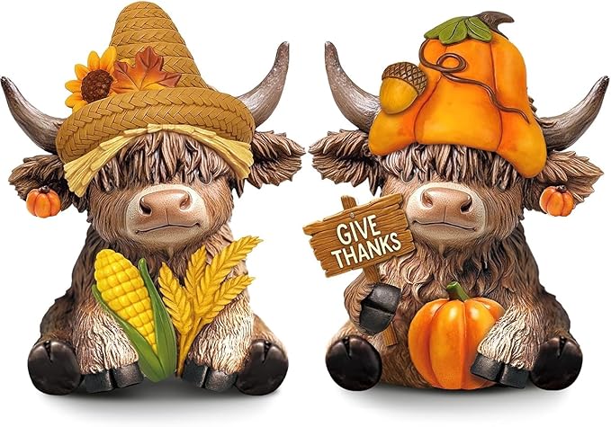 Karenhi 2 Pcs Fall Thanksgiving Day Highland Cow Figurines Harvest Pumpkin Highland Cow Gnomes Scottish Resin Statue Calf Lovers Gifts for Home Garden Kitchen Office Tiered Tray Table Decor