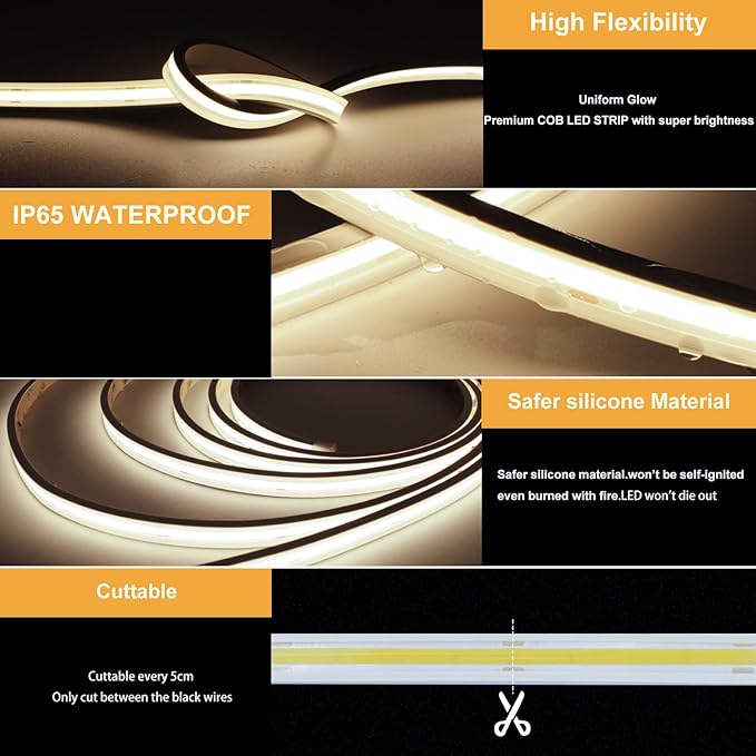 COB LED Strip Lights,Natural White 4000K,DC24V IP67 Waterproof LED Strip,480LEDs/M,16.4ft/5M,8MM Wide,CRI90+,Outdoor cob led Strip for Bathroom Decor,Pool,Garden (Adapter Not Include)