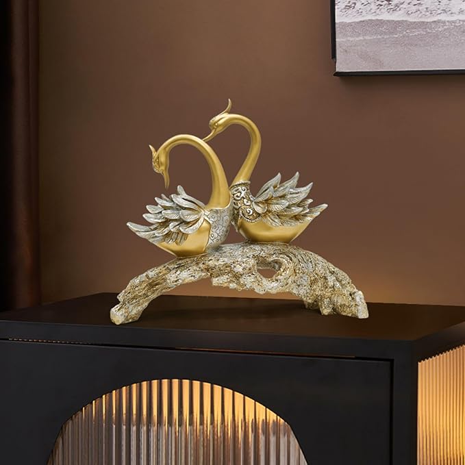 14.2" Gold Couple Swan Decor Figurine Modern Simulation Animal Sculpture Art Ornament Home Table Statue