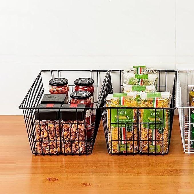 Redrubbit Wire Storage Baskets, Large Farmhouse Metal Freezer Basket Storage Organizer Bins with Handles for Kitchen Cabinets, Pantry, Closets, Bedrooms, Bathrooms, Set of 6, Black