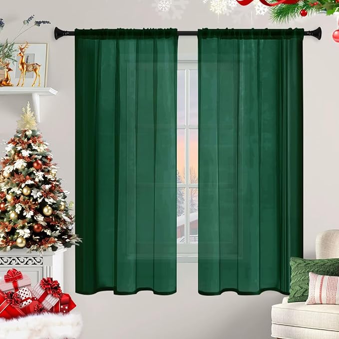 Sheer Curtains 54 Inches Long 2 Panels, Rod Pocket Short Curtain for Kitchen, Bedroom, Cafe Window(Foliage Green 38" W x 54" L)