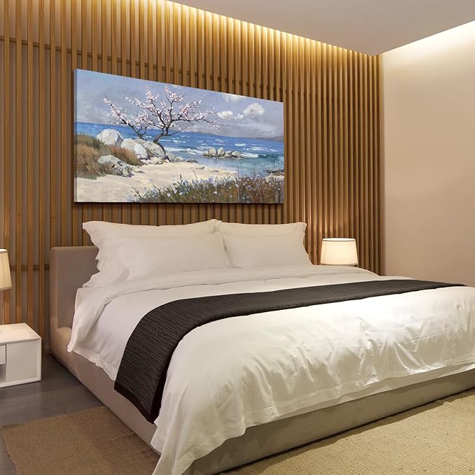 amatop Large Coastal Wall Art Prints– Blue Ocean Beach Abstract Landscape Canvas Picture Pink Floral Tree Cherry Blossom Nature Decorative Artwork for Living Room Bedroom Office Home Decor 48x24 In