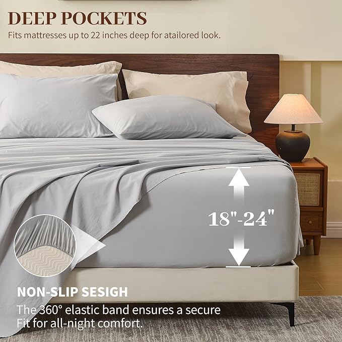 MEISHANG 100% French Pure Linen Sheets California King Size - Extra Deep Pocket Sheet Set, Soft Durable Flax Linen, Anti-Tear Breathable & Oeko-Tex Certified 18-24 Deep Pocket,All Season(Silver Grey)