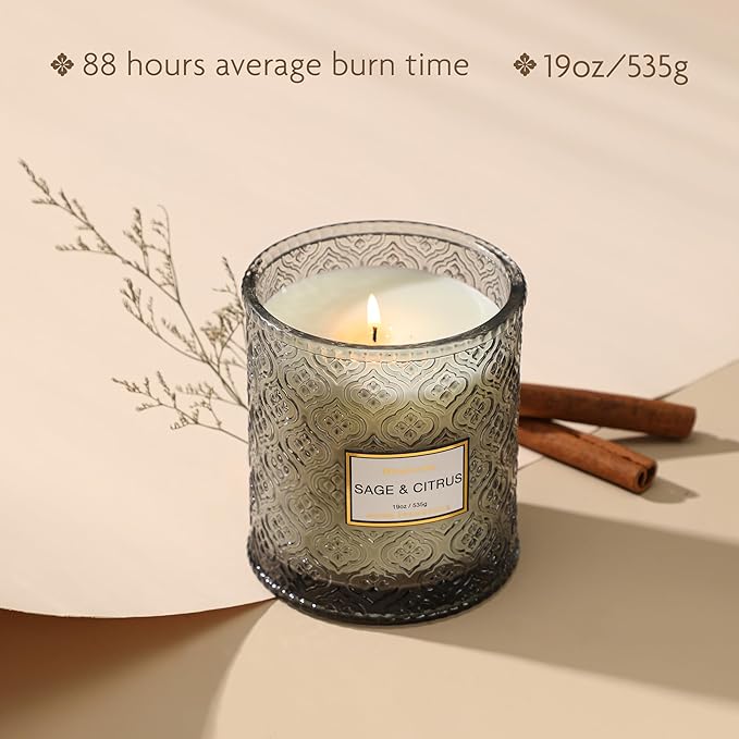 Sage & Citrus Scented Candles, Large Natural Soy Candle, 88 Hours Burning Time, Decorative Candles in Glass, Aromatherapy Candle Gift for Women, 19oz