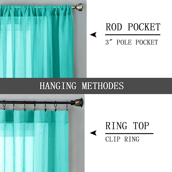 Tollpiz Short Sheer Curtains Linen Textured Living Room Curtain Sheers Light Filtering Rod Pocket Voile Curtains for Bedroom, 42 x 45 inches Long, Aqua Blue, Set of 2 Panels