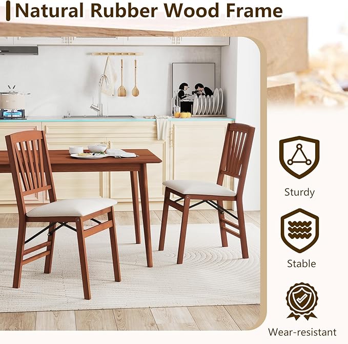 COSTWAY Folding Dining Chairs Set of 4, Upholstered Wooden Dining Room Chairs with Fabric Padded Seat, Solid Wood Frame and 400LBS Capacity for Kitchen Apartment (Beige & Brown)