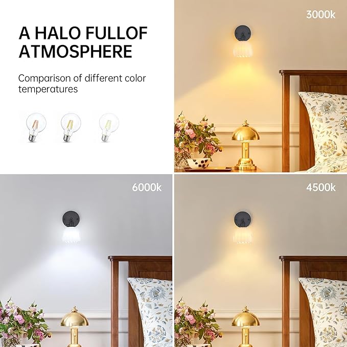 Vintage Wall Sconce with Cute White Tulip Glass Lampshade 180 Degree Adjustable Black Sconce Hradwired Modern Wall Lighting Fixture with Switch for Bedside Bedroom Doorway