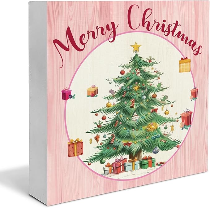 Pink Christmas Wooden Sign - Merry Christmas Home Decor, 5 x 5 Inch