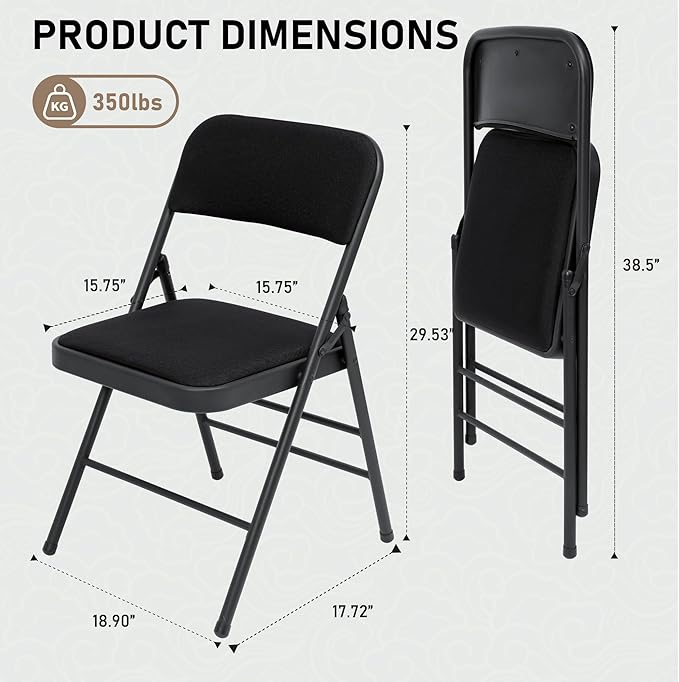 SEALAMB 6 Pack Fabric Folding Chairs with Padded Seats & Cushion, Metal Foldable Chairs for Wedding Party, Commercial Chairs for Office School Church Events, 350lb Capacity (Black-Fabric, 6 Pack)