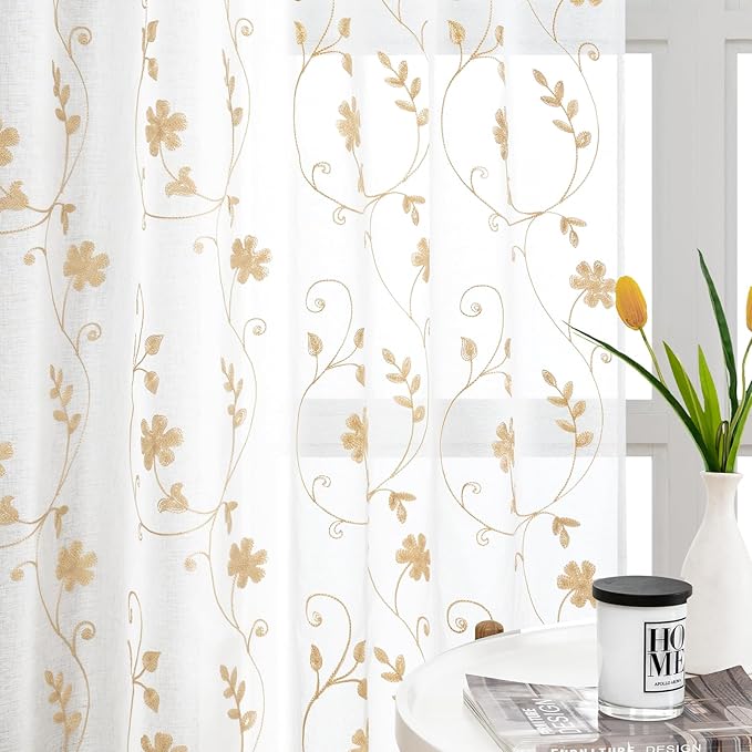 HOMEIDEAS Yellow Sheer Curtains 84 Inches Long 2 Panels Yellow and White Embroidered Floral Pattern Semi Sheer Window Curtains for Bedroom Living Room