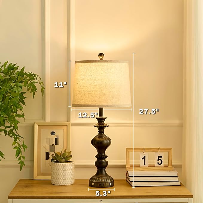 27.5" Farmhouse Table Lamps Set of 2 Bedside Lamp with USB C+A Ports & AC Outlet, 3 Way Dimmable Touch Lamps for Living Room Bedroom Office Hallway Rustic Nightstand Traditional Lamp