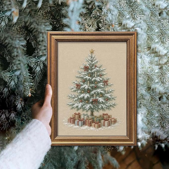 Christmas Tree Wall Art Vintage Gold Framed Wall Decor Rustic Winter Picture Painting for Farmhouse Home Living Room Decor Gift (Christmas Tree, 12L" x 9.5W")