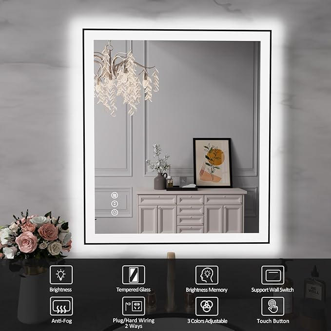 28x32 Inch LED Bathroom Mirror with Black Frame, Backlit and Front Lighted Bathroom Mirrors for Wall, Anti-Fog, Dimmable, Memory, Shatterproof, LED Vanity Mirror for Bathroom