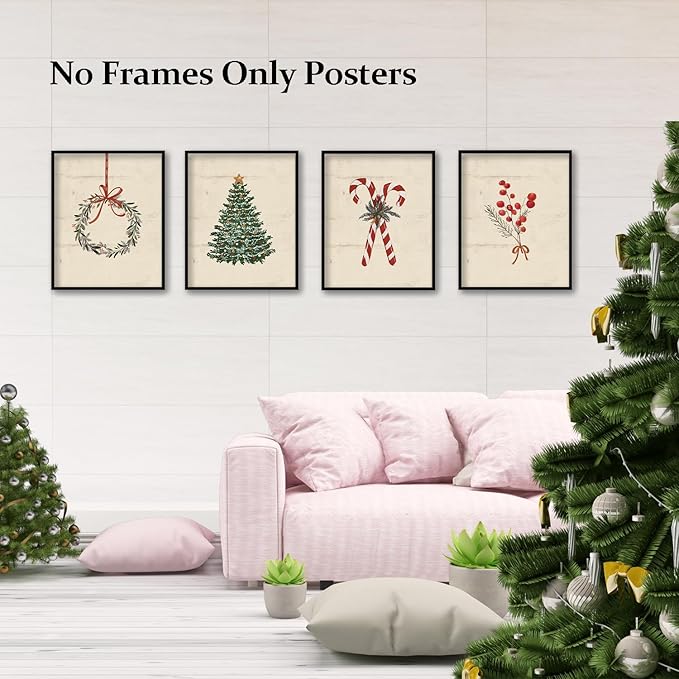 TFKFJLF Vintage Christmas Tree Wall Art Poster Decor, Candy Cane Painting Pictures Decor Wall Art, Rustic Christmas Decorations for Bedroom Bathroom Living Room Office, Unframed 8x10in Set of 4