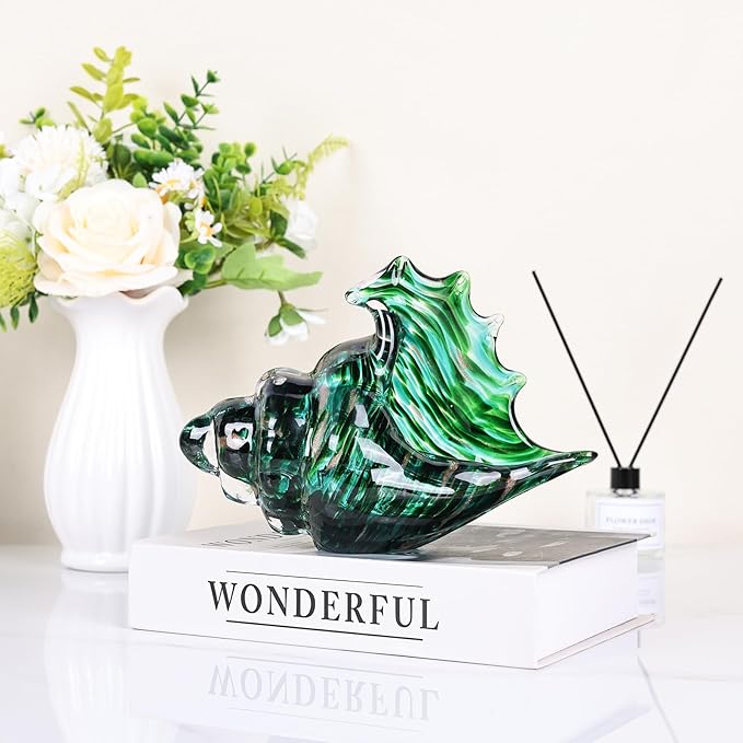 LCCCK Hand Blown Glass Conch Shell Sculpture, Sea Glass Art Figurines, Beachy Room Decor, Teal Conch Shell Decorative Statues, Sea Shell Coastal Decor for Shelf House Room, Beachy Gifts