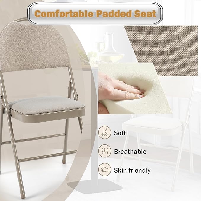 POWERSTONE Folding Chairs 6 Pack, Foldable Chair Set with Padded, Handle Hole and Metal Frame Dining Chair Set for Indoor and Outdoor, School, Office and Garden Party (Beige)