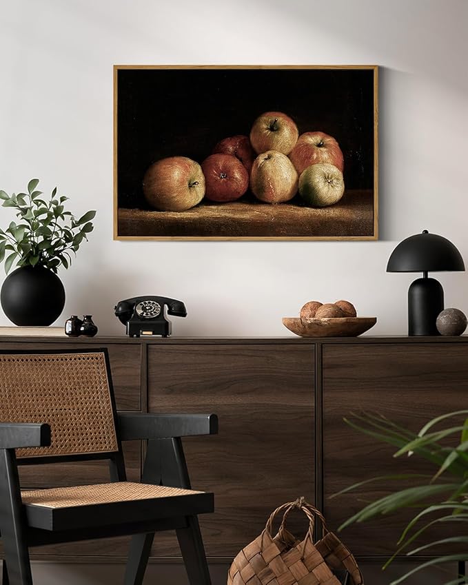 VIYYIEA Vintage Framed Apple Wall Art, Kitchen Bedroom Dining Room Fruit Art Decor, Still life of apples Canvas Print Paintings, French Country Home Farmhouse Dark Decor, 16x24 Inch