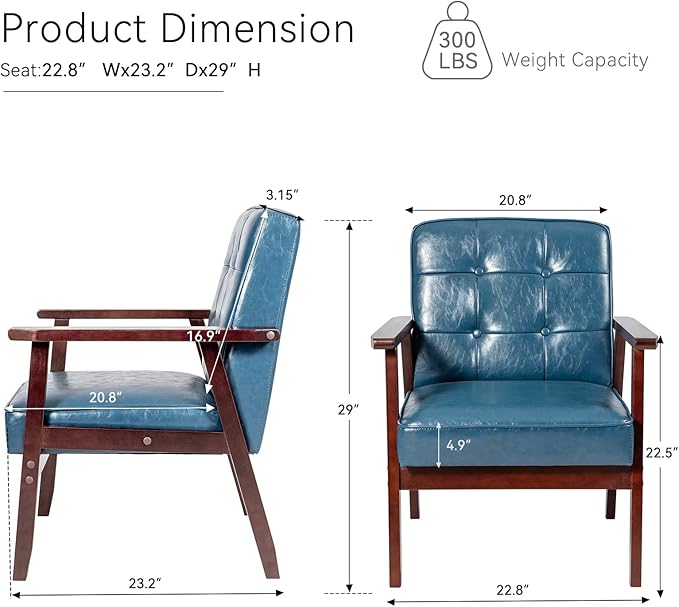 Okeysen Mid Century Modern Accent Chairs, Retro Wood and Leather Armchairs Side Chair, Lounge Reading Comfy Arm Chair for Living Room, Bedroom, Office (Blue)