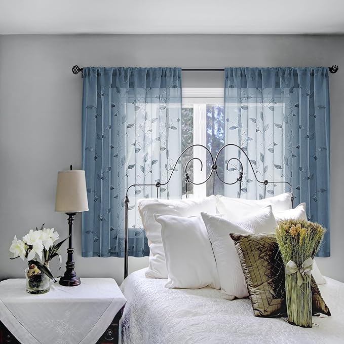 HOMEIDEAS Stone Blue Sheer Kitchen Curtains 52 x 54 Inch Length 2 Panels Embroidered Leaf Pattern Short Curtains for Bedroom Half Small Bathroom Window Rod Pocket Tiers