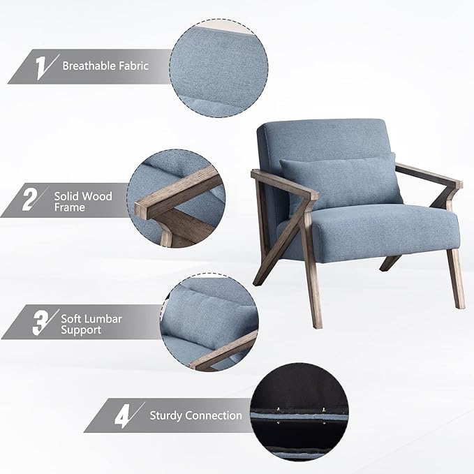 INZOY Mid Century Modern Accent Chair Set of 2 with Wood Frame, Upholstered Armchair with Waist Cushion, Accent Chair for Living Room Bedroom Apartment, Easy Assembly, Blue