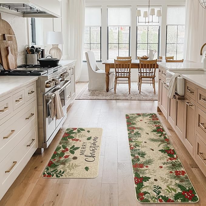 Artoid Mode Leaves Holly Merry Christmas Kitchen Mats Set of 2, Winter Home Decor Low-Profile Kitchen Rugs for Floor - 17x29 and 17x59 Inch