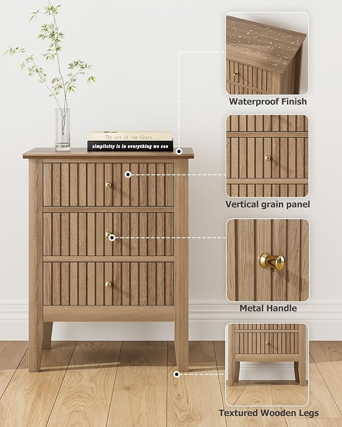 Fluted Nightstand, Farmhouse Night Stand with 3 Drawers, Mid Century Modern Side Accent Table,Bedside End Table for Bedroom, Living Room, Natural