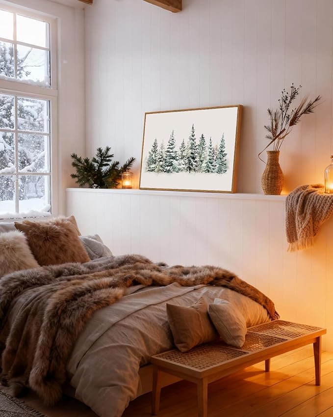 VIYYIEA Framed Canvas Wall Art, Vintage Christmas Decor, Large Winter Pine Forest Watercolor Picture Paintings Gifts, Retro xmas Nature Decorations for Bedroom Living Room Fireplace, 16x24In