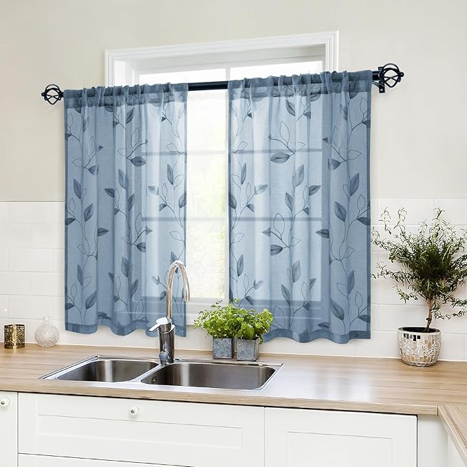 HOMEIDEAS Stone Blue Sheer Kitchen Curtains 30 X 36 Inch Length 2 Panels Embroidered Leaf Pattern Short Bathroom Window Curtains for Small Window Valance Tiers