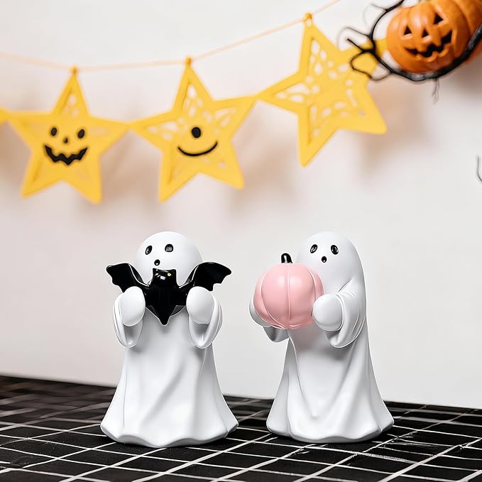 2Packs Halloween Ghost Figurine Decor,Cute Hallowen Statue for Home Decorative, Funny Spooky Hugging Pumpkins & Bats Figurine Hallowee Decor for Desk Office Table Centerpieces Ornament