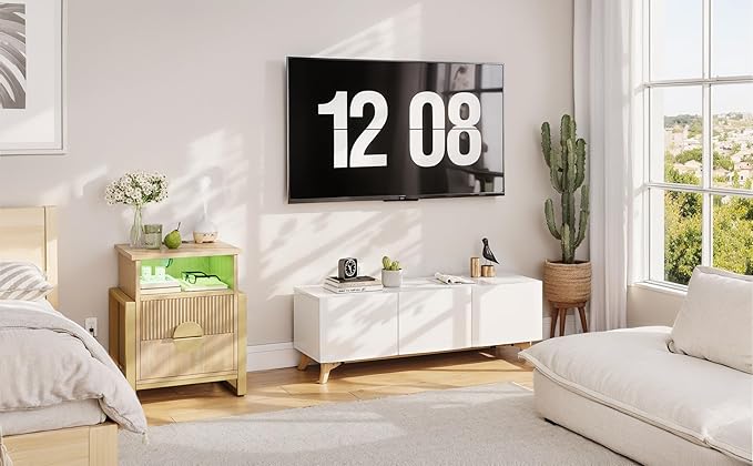 LGHM Set of 2 Large Fluted Nightstand with Charger Station Lights,20.47" W Night Stand with 2 Drawers, Accent Bedside Table and End Table,Semicylinder Drawer Front,Stable Raising Legs,Natural Oak