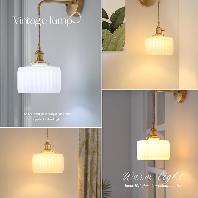 Vintage Wall Sconce with White Striped Shade Pattern Glass Adjustable Chain Retro Gold Wall Mounted Light, Modern Wall Lamp Fixtures Decor for Bedside Bedroom Indoor Doorway