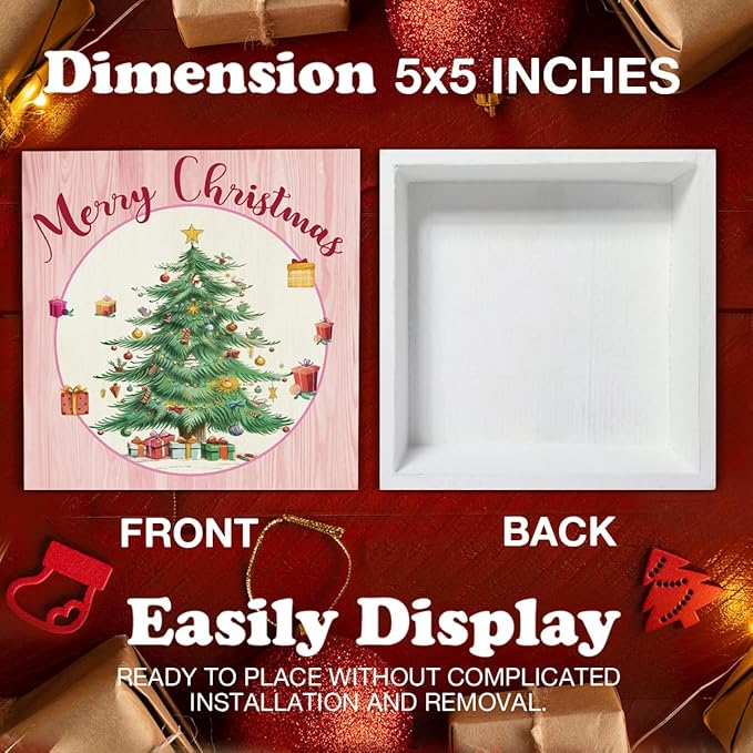 Pink Christmas Wooden Sign - Merry Christmas Home Decor, 5 x 5 Inch