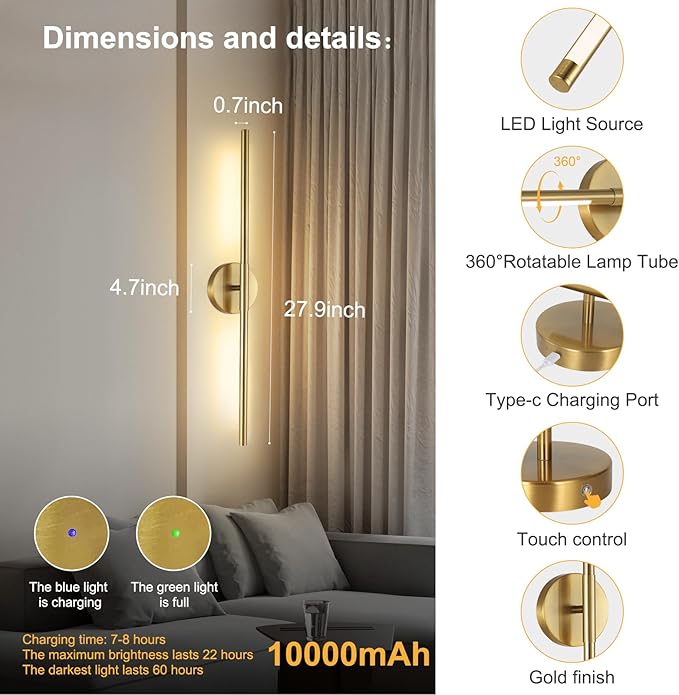 Wireless Battery Operated Wall Sconces with Remote, Gold Rechargeable Led Wall Lights Set of Two, Cordless Dimmable Battery Powered Wall Lamp Decor for Bedroom Living Room, 3 Color, 28 Inch