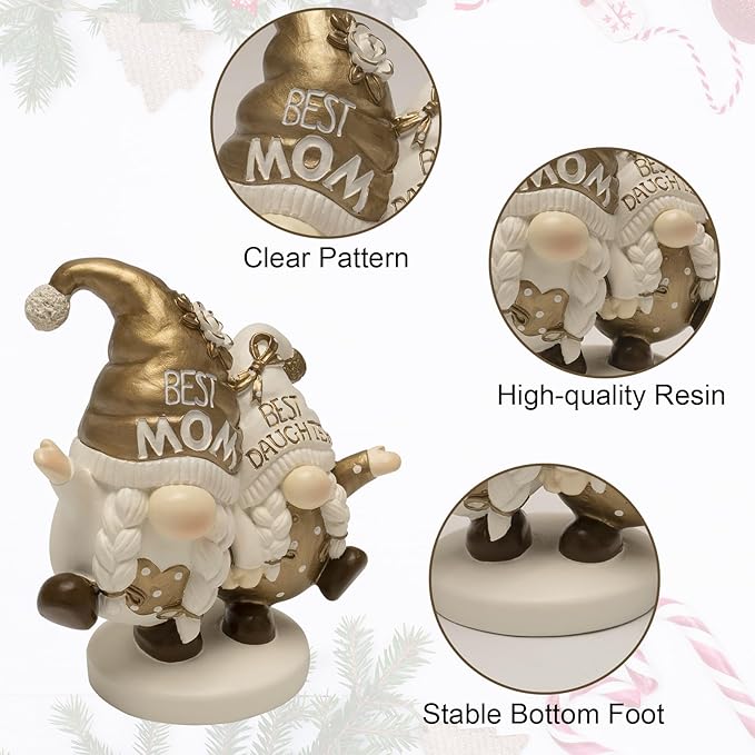 Mothers Day Gnome Decor, Mom Birthday Gift from Daughter, Small Resin Mom Gold Figurines Decoration for Mother's Day Home Table Shelf Desk Indoor