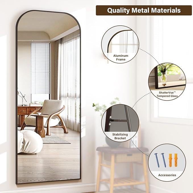 56x21 Inch Full Length Mirror - Large Floor Standing & Wall Mountable Full Body Mirror with Sturdy Aluminum Frame, Arched Top Design, Freestanding or Hanging for Bedroom, Living Room, Cloakroom,Black