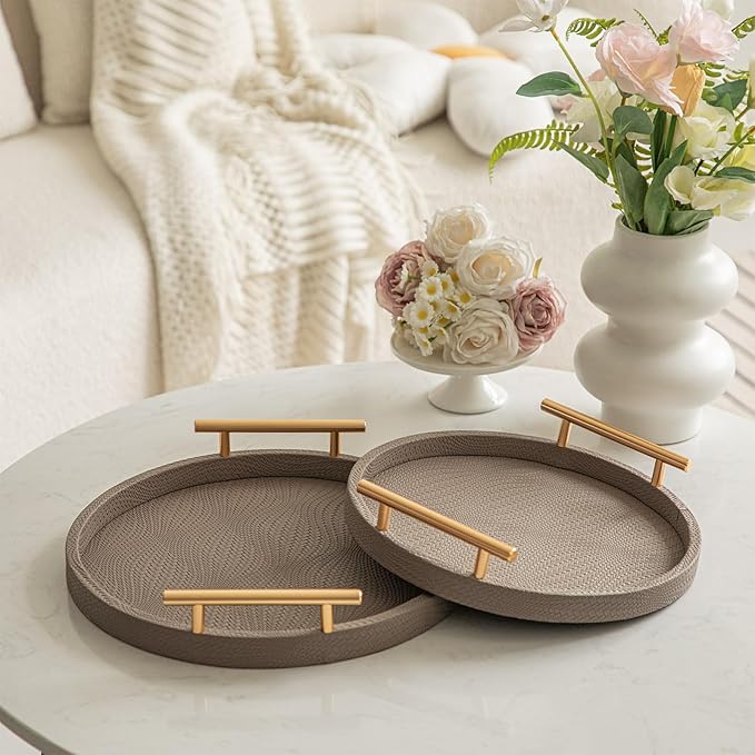 2 Piece Coffee Brown Round Serving Tray with Handles, Woven-Texture Faux Leather Ottoman Tray for Living Room, Decorative Tray for Coffee Table Home Decor