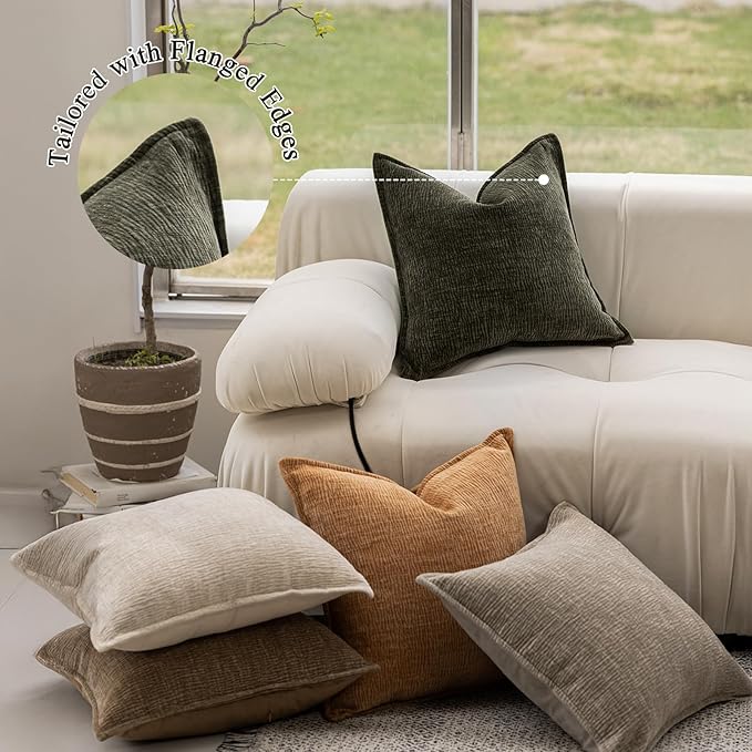 DWR Decorative Throw Pillow Covers Set of 2, 18x18 Crinkled Chenille Textured Cushion Covers for Couch, Sofa or Bed, Modern Rustic Home Accent in Linen Beige/Natural Taupe