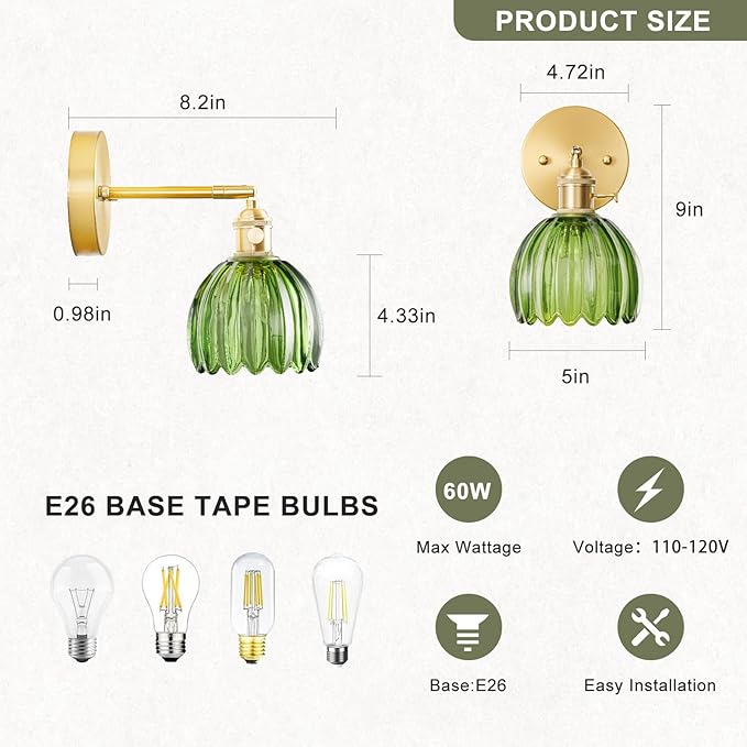 Wall Sconces Set of Two Hardwired, Vintage Wall Sconce Light with Tulip Green Glass Lampshade, Bathroom Wall Sconces with Switch, Gold Wall Light Sconces Wall Decor Set of 2