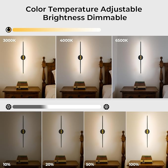 Battery Operated Wall Sconces Set of 2, Detachable Wireless Wall Lamps 360°Rotate, 10000mAh Rechargeable Wall Lights for Bedroom, Living Room,3000-6500K Dimmable, 28 Inch Black and Gold