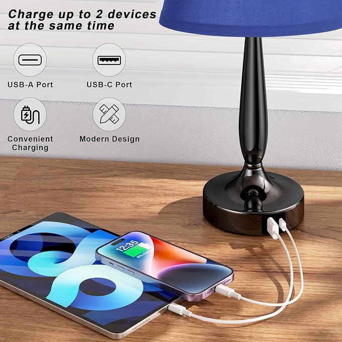Kakanuo Touch Bedside Lamp for Bedroom with USB C Port, Small Touch Table Lamp with 2 USB Charging Ports, 3 Way Dimmable Nightstand Lamp for Living Room and Office - Royal Blue (LED Bulb Included)