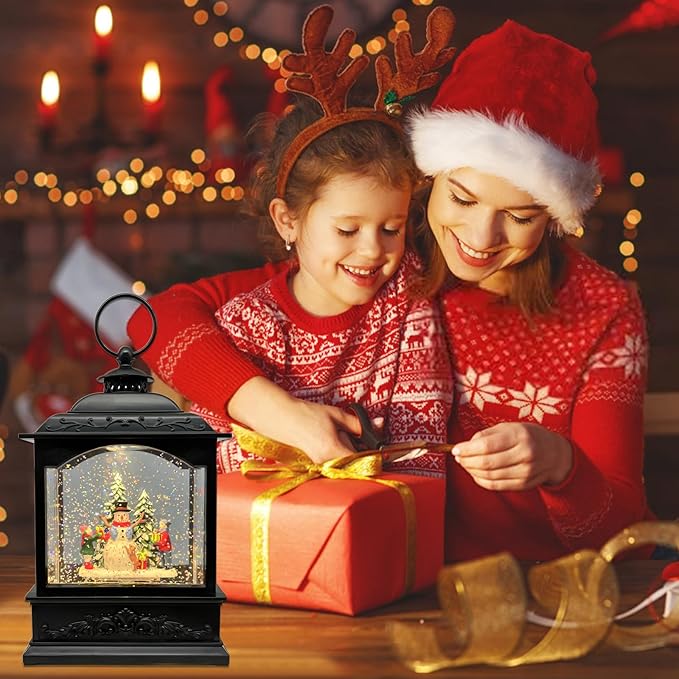 Christmas Snow Globes Lantern with Music & Timer - USB/Battery Operated LED Glittering Globe Lantern, Snow Globe Decoration for Home Holiday Decor (Snowman)