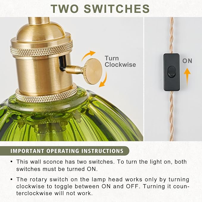 Plug in Wall Sconce, Vintage Sconce Light with Tulip Green Glass Lampshade, 180° Adjustable Wall Sconce with Switch and Plug in Wall Lamp Cord, Gold Wall Light for Bedroom Bedside