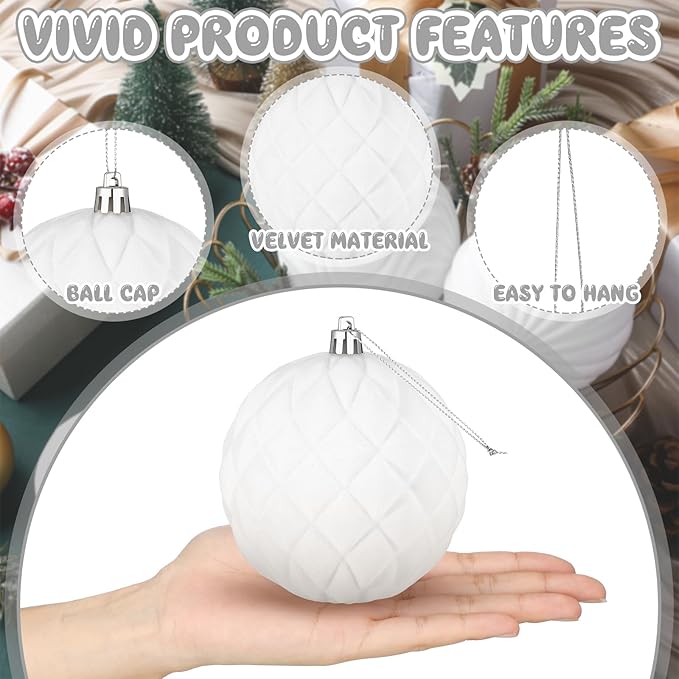 4 Pcs 4 Inch Large Velvet Christmas Ball Ornaments Vintage Christmas Plastic Ball Ornaments Flocked Tree Hanging Decoration for Xmas Party Wedding Home Decor(White)