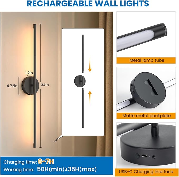 NIORSUN 34 Inch Battery Operated Wall Sconce Set of 2, Black Round Base Rechargeable Wall Lights with Remote, 3CCT Dimmable Wireless Wall Sconces for Living Room Bedroom Hallway