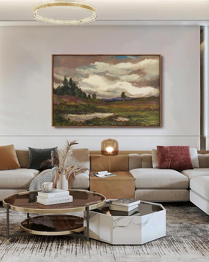 KISSFOX Vintage Landscape Canvas Wall Art Farmhouse Hills Pond Clouds Framed Wall Art Natural Countryside Paintings Artwork Rustic Art Prints For Bedroom Bathroom Living Room